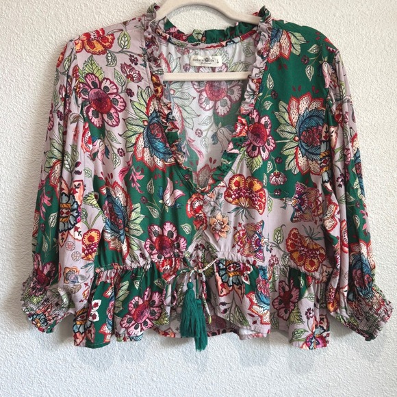 NATURAL LIFE Tops - Natural Life Floral Boho Peplum Top Green Pink Tassels Ruffle V-Neck Large Boho